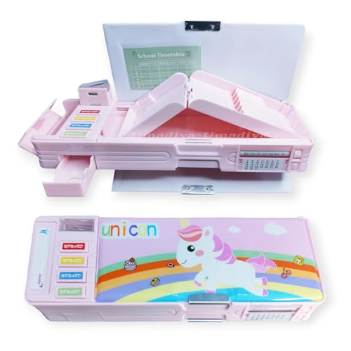 Image of Umadiya Plastic Multifunctional Cute Unicorn School Pencil Box For Girls - Multi Compartment Button Operated Unicorn Compass Box, Stationary Items- Pencil Case & Geometry Box For Kids, Multicolor