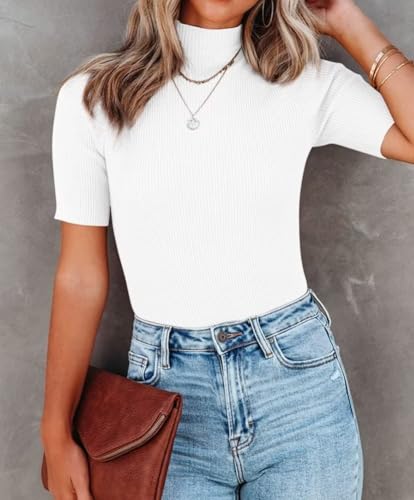 Image of Lacozy Women's Basic Tops Ribbed Mock Turtle Neck Slim Tops Short Sleeve Plain Sweater Tops White Size XL