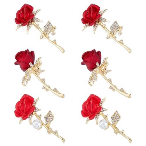 Image of 6Pcs 3 Styles Red Rhinestone Flower Brooch Crystal Pearl Badge Pin Alloy Rose Flower Weddings Brooch Pins Small for Women To Birthday Party Clothing Jewelry Accessories Gifts