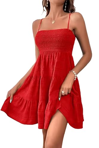 HVEPUO Women Spaghetti Strap Sleeveless Smock Cami Mini Dress Summer Vacation Flowy Boho A Line Swing Short Dresses for Women2