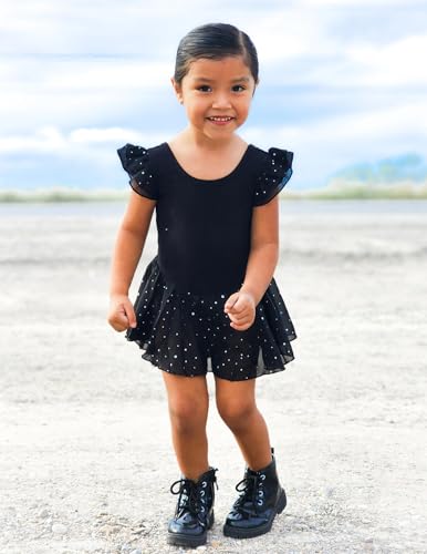 Image of Arshiner Girls Shiny Ruffle Sleeve Ballet Leotard with Skirt Criss-Cross Back Dance Dresses