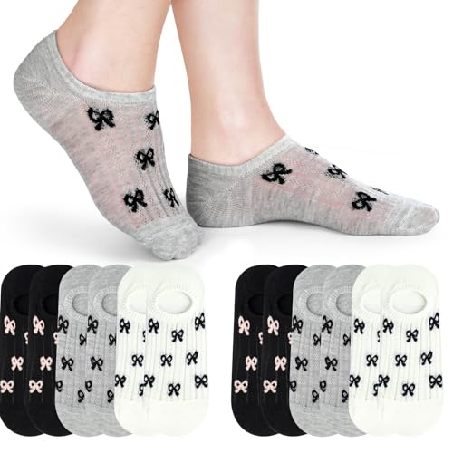 Image of Cutecrop 6 Pairs No Show Bow Socks Women Knit Coquette Cotton Breathable Ballet Style Cute Casual Hollow Mesh Socks for Women Low Cut Invisible Liner