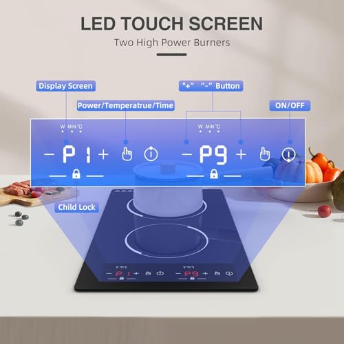 Image of 12 inch Induction Cooktop, Double Induction Cooktop 2 Burner 110v-120v Electric Stove Top, Countertop and Built-in, 9 Power Levels, Child Lock, 120 Mins Timer