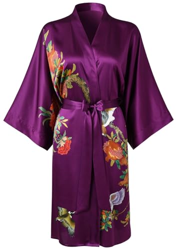 Image of Women's Silk Kimono Robe Short Bathrobe Nightgown 100% Mulberry Silk for Women - Classic Floral Pattern