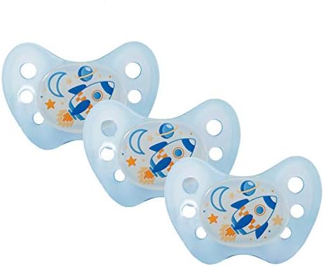 Dentistar® Night Silicone Soother Set of 3 - Size 2 for 6-14 Months - Silicone Soother with Dental Step - Yellow with Moon Motif - Glow in The Dark - BPA Free Baby Accessories - Made in Germany