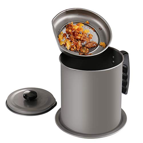 Ourokhome Bacon Grease Container with Strainer- 1.6 L or 6.7 Cup Iron Kitchen Oil Storage Can with Fine Mesh Strainer for Storing Hot Frying Oil, Fat (Gray)