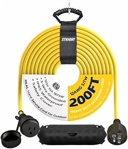 200FT 12AWG Heavy Duty Extension Cord, Bright Yellow, Weatherproof Outlet Cover and Screw Connector, Velcro Tape and Waterproof Box Included, 12/3 SJTW Outdoor Extension Cord, ETL Safety Certified