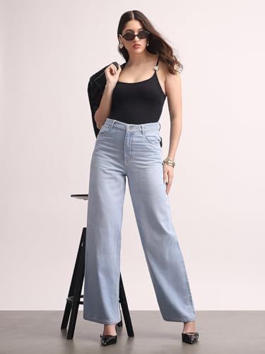 Image of Urbano Fashion Women's High Rise Loose Baggy Fit Washed Jeans Non-Stretchable