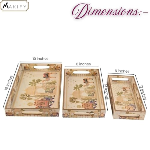 Image of Wooden Serving Tray with Gold Engraving | Set of 3 | Size: 16x10 Inch, 14x08 Inch, 12x06 Inch | Enamel Coated Waterproof | Tray for Decoration | Premium| Royal Camel and Elephant.