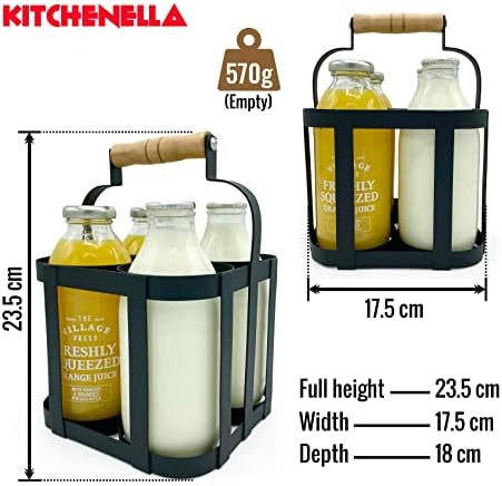Milk Bottle Holder Doorstep in Black Metal with Wooden Handle - Carrier Fits 4 Standard Pint Sized UK Milk Bottles Vintage Retro Traditional Design
