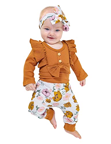 Image of KANGKANG Newborn Baby Girl Clothes Ribbed Ruffle Sleeve Romper + Floral Pants + Headband Cute Infant Baby Girl Outfit 3Pcs