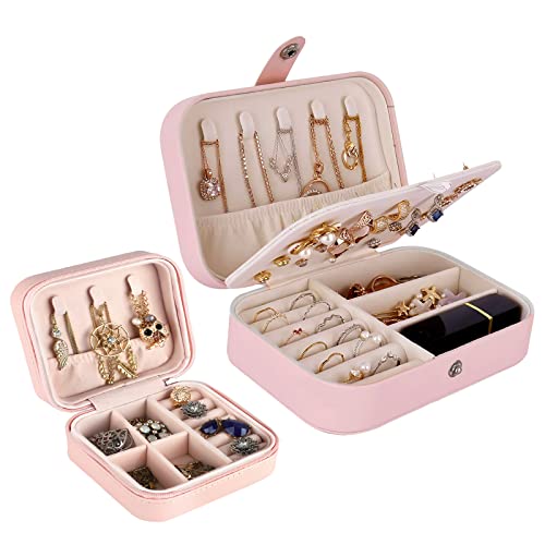 2 Stück Schmuckkästen Organizer Etui, Tragbare Kleine Doppelschicht Schmuckkästen für Reisen, PU Leder Schmuck Aufbewahrungsboxen für Ohrringe Halskette Ring Armband Uhr Armreif Display, Rosa Cover