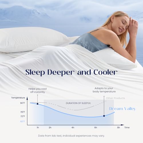 Image of Dream Valley Cooling Sheets Queen Size, Cooling Fitted Breathable Bed Sheets & Flat Sheet with 2 Pillowcases-4 PCS for Night Sweats & Hot Sleepers, Q-Max >0.45 Aerocool, Deep Pocket 16 inch,Cloud White