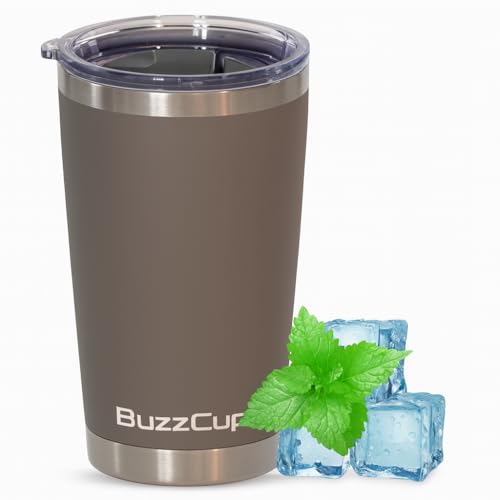 BuzzCup 20 oz Stainless Steel Tumbler with Magnetic Slide Lid – Double Wall Insulated Coffee Travel Mug, Leak Proof Iced Coffee Cup, Hot & Cold Tumbler (Grey)
