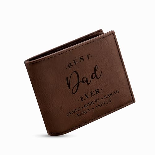 Personalize Wallet For Men, Father's Day Gifts, Custom W/Children's Names, Laser Engraved Leatherette Wallet, 5 Colors, 3 Designs, Best Dad Ever, Laser Engraved (Brown)