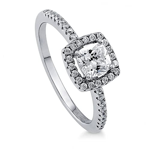 BERRICLE Sterling Silver Halo Wedding Engagement Promise Rings for Her, Cushion Cut Cubic Zirconia CZ Ring