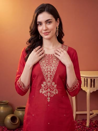 Image of INDO ERA Women's Silk Blend Embroidered Kurta & Pant with Dupatta Set | Kurta Sets For Woman