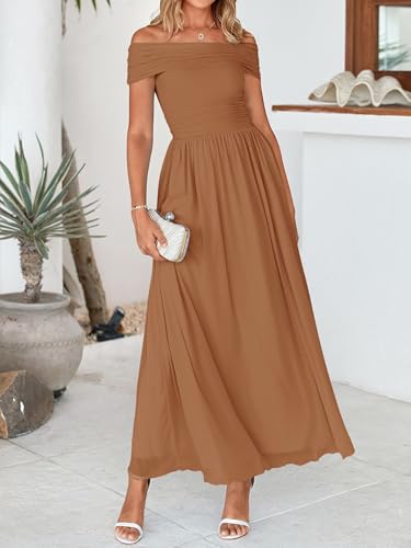 Image of MASCOMODA Women Off The Shoulder Mesh Maxi Dress Bodycon Ruched Formal Sleeveless Pleated Cocktail Wedding Guest Long Dresses