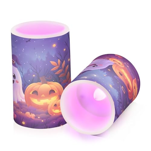 Image of Flickering Flameless Candles, Halloween Ghosts Pumpkins LED Candles with Remote Timer, Set of 2 Battery Operated Candle for Valentine Wedding Birthday