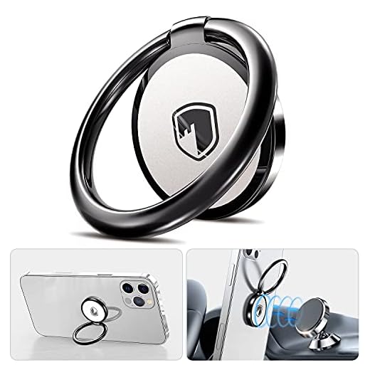 Phone Ring Holder Finger Kickstand - FITFORT 360° Rotation Metal Ring Grip for Magnetic Car Mount Compatible with All Smartphone-Gun Black