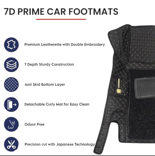 Image of NCEHEAL Premium 7D Car Floor Mat for XUV 7XO Custom Fitted, Luxury Car Foot Mats Compatible with Mahindra XUV 7XO, Set of 3 Pcs, 100% Waterproof and Washable, Classic Black with Beige Thread