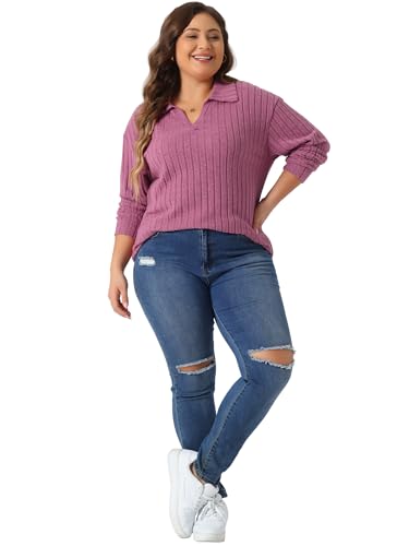 Image of Agnes Orinda Women's Plus Size Loose Polo V Neck Long Sleeve T Shirts Tops Collared Ribbed Brushed Top Sweater Casual