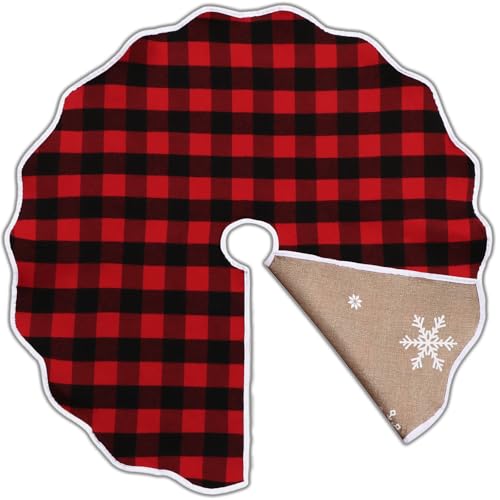 OurWarm Christmas Tree Skirt 36 Inch, Buffalo Plaid Red Tree Skirt for 6ft Tree & 4ft Tree, Double Sided Burlap Tree Skirt Snowflake Xmas Tree Skirts for Pencil Tree Boho Rustic Farmhouse Decor