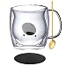 Taza Doble Cristal Tazas de Café Cristal Oso con Cuchara y Posavasos Vasos Espresso Transparentes Tazas de Té Doble Resistente al Calor Vasos Termo Aisladas para Cappuccino Latte