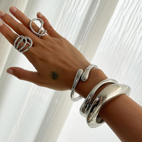 Image of MTINEAPS Gold Bangle Bracelets for Women Teens Trendy Chunky Adjustable Twist Cuff Bracelet Jewelry Gifts (Silver-3 Sets)