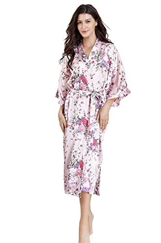 EPLAZA Women Long Floral Silky Satin Robe Wedding Bridal Spa Party Bride Bridesmaid Robes Kimono Loungewear Dressing Gowns (Pink, One size)