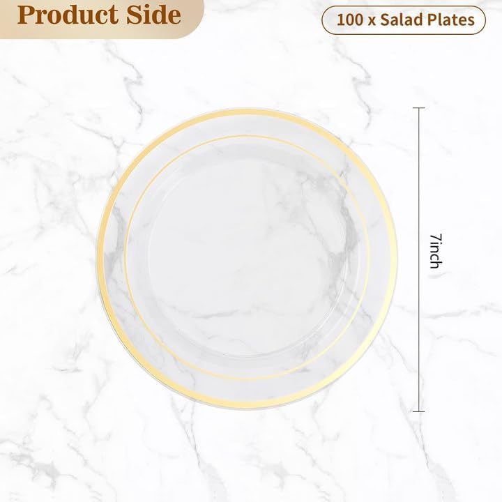 BESTVIP 100PCS 7 Inch Clear Plastic Dessert Plates, Small Disposable Salad Plate with Gold Rim, Heavy Duty Plastic Small Cakes Plates for Party, Wedding and Birthday, Events - Image 3