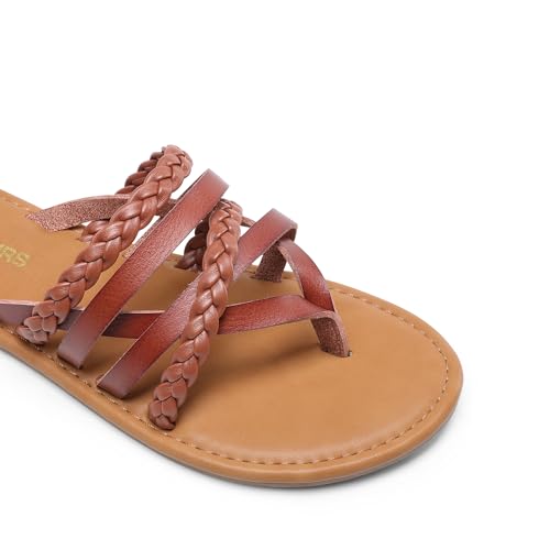 DREAM PAIRS DREAM PAIRS Women's Flip Flops Round Toe Multi Strap lightweight Summer Beach Flat Casual Thong Sandals,Size 11,Brown,DWUMFF2505