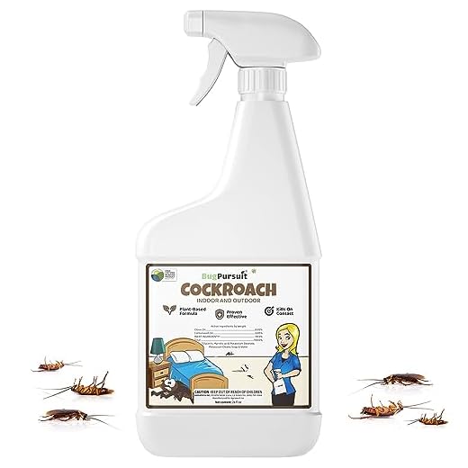 BugPursuit Roach Killer Bug Spray, Natural Essential Oils Cockroach Killer, Non Staining, USDA Biobased, Effective, Outdoor and Indoor Use, Safe Plant Based Formula, Made in USA, Unscented, 24 oz