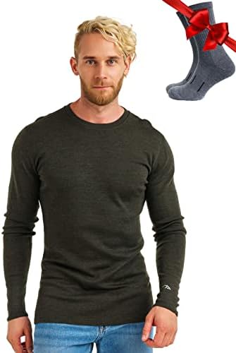 100% Merino Wool Base Layer Mens - Long Sleeve Thermal Shirts with Socks