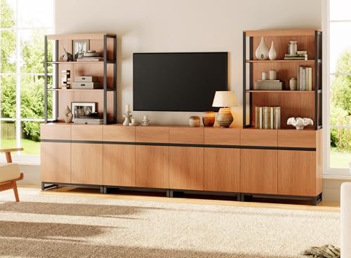 WAMPAT Modern Wall Unit TV Stand with 3 Tiers Bookshelf, Farmhouse Entertainment Center with 4 Storage Cabinets and Adjustable Shelf, Media Console with Black Metal Leg for Living Room, Mocha
