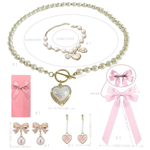 Pearl Coquette Jewelry Set - Bow Earrings, Pink Hair Bows, Choker Necklace - Trendy Accessories, Valentine's Gift for Women4