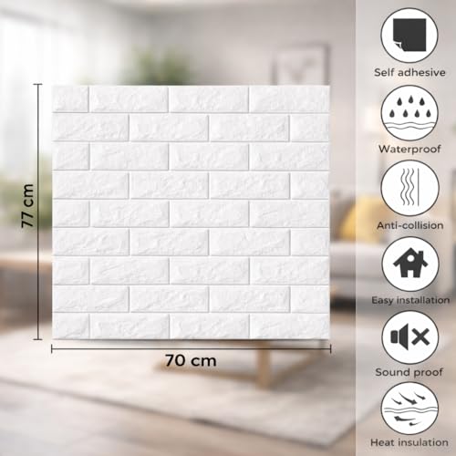 Image of 3D Self Adhesive Foam Brick Wallpaper Peel and Stick Waterproof Wall Panels Soundproof Wall Sticker for Living Room Bedroom Kitchen Home Office Interior Decoration (Pack of 1, White)