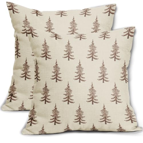 Aytipun Watercolor Brown Christmas Tree Throw Pillow Covers 18x18 Set of 2 Rustic Xmas Vintage Holiday Print Decorative Outdoor Pillowcases Winter Farmhouse Cushion Cases Decor for Couch Sofa Bed