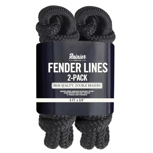 RainierSupplyCo Boat Fender Lines - 2 Pack Bumper Rope Dock Lines - 6 x 3/8 Premium Double Braided Nylon Boating Ropes for Docking with 5 Loop - Mooring Ties & Boat Accessories - Black