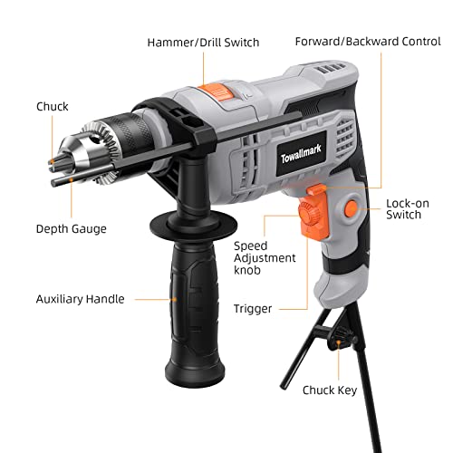 Towallmark 7-Amp (850W) Hammer Drill, 1/2-Inch Corded Electric Hammer Drill With 3000Rpm, Variable Speed, 10 Drill Bits For Home Improvement, Diy, Steel, Masonry, Wood (Not For Reinforced Concrete) #TOP1