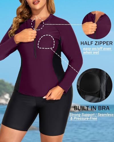 Image of Daci Women 2 Piece Plus Size Long Sleeve Rash Guard Zip Front Athletic Bottom Tankini Swimsuits UPF 50 | Two piece,Tummy Control,High Waist,UPF 50+,Half Zipper Swim Shirt,Athletic,Sporty,Built-in Bra,Built-in Briefs