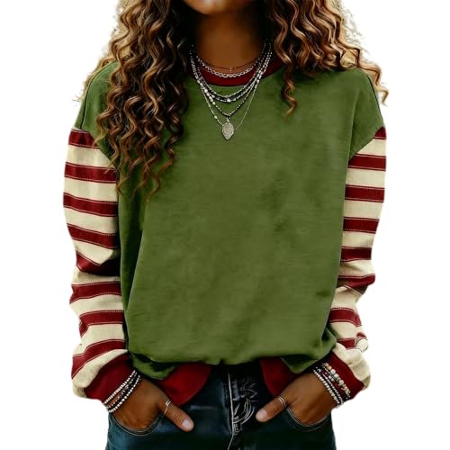 Retro Christmas Sweatshirt Women Striped Long Sleeve Pullover Top | Crew Neck Swearshirt, Contrast Color, Dressy Casual, Preppy, Holiday, Oudoor, Cute Fall Outfits, Winter, Y2K Tops