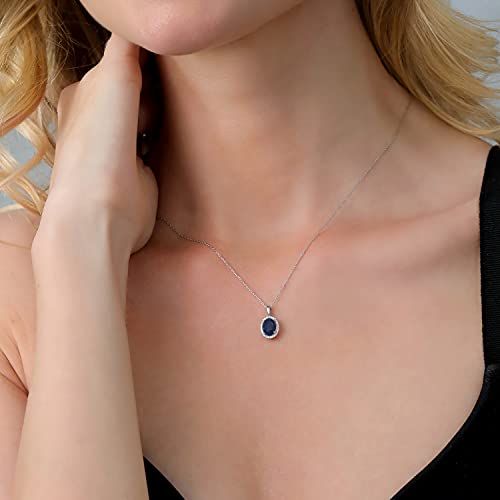 Gem Stone King 10K White Gold Blue Sapphire And Diamonds Halo Pendant Necklace For Women (1.79 Cttw, Oval 8X6Mm, With 18 Inch Chain) #TOP2
