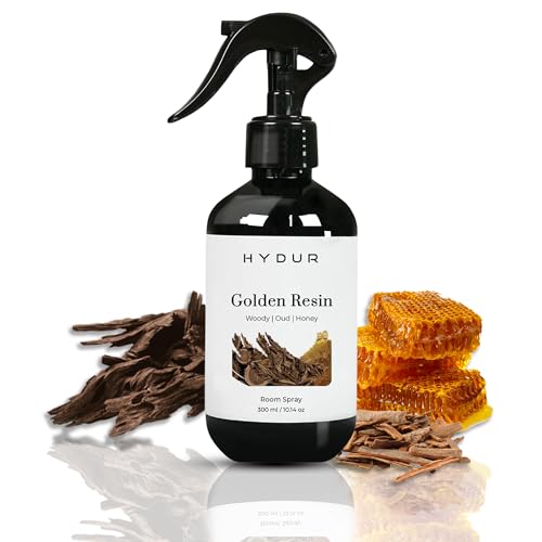 Image of Hydur Golden Resin Room Spray | Luxurious and Warm Fragrance | Amber, Oud and Spice Scents | Home, Office, Car and Bathroom Air Freshener | Travel Friendly Fine Mist Trigger 300ml Bottle Sprayer