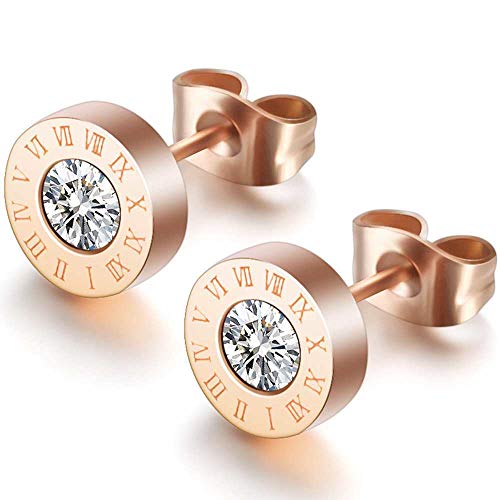 Stainless Steel Round Shape Cubic Zirco Roman Numbers Stud Earrings (Rose Gold) by JUDE - Used condition - US$6.76