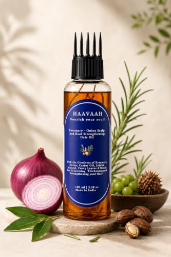 Image of Rosemary Onion Scalp and Root Strengthening Hair Oil (Castor, Jojoba, Almond, Curry Leaves and Biotin- Vetiver roots infused) 100 ml (Rosemary Onion Root Strengthening Hair Oil)