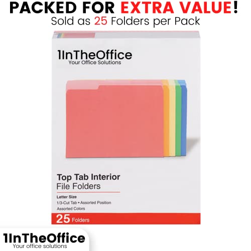 1Intheoffice Colored Interior File Folders Letter Size, File Folders 1/3 Cut Assorted Tab, Assorted Colors, 25/Pack #TOP1
