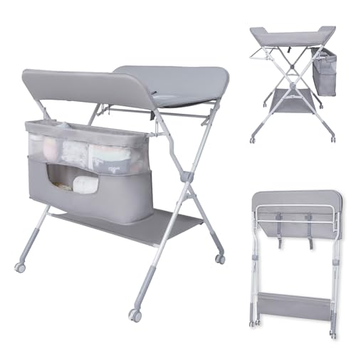Gentle Monster Baby Folding Portable Changing Table, 4-Level Adjustable Height Diaper Changing Station Table for Nursery with Safety Belt, Double Storage Bag, Headrests & Diaper Pad