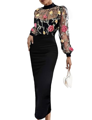 Women's Embroidered Floral Mesh Splicing Long Sleeve Round Neck Skinny Halter Dresses