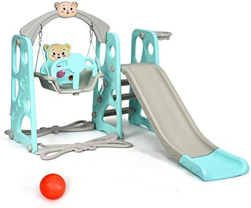 GYMAX Toddler Swing and Slide Set, 4-in-1 Children Climber and Swing Set with Basketball Hoop and Ball, Kids Play Area Playground Set for Indoor Outdoor (Green)